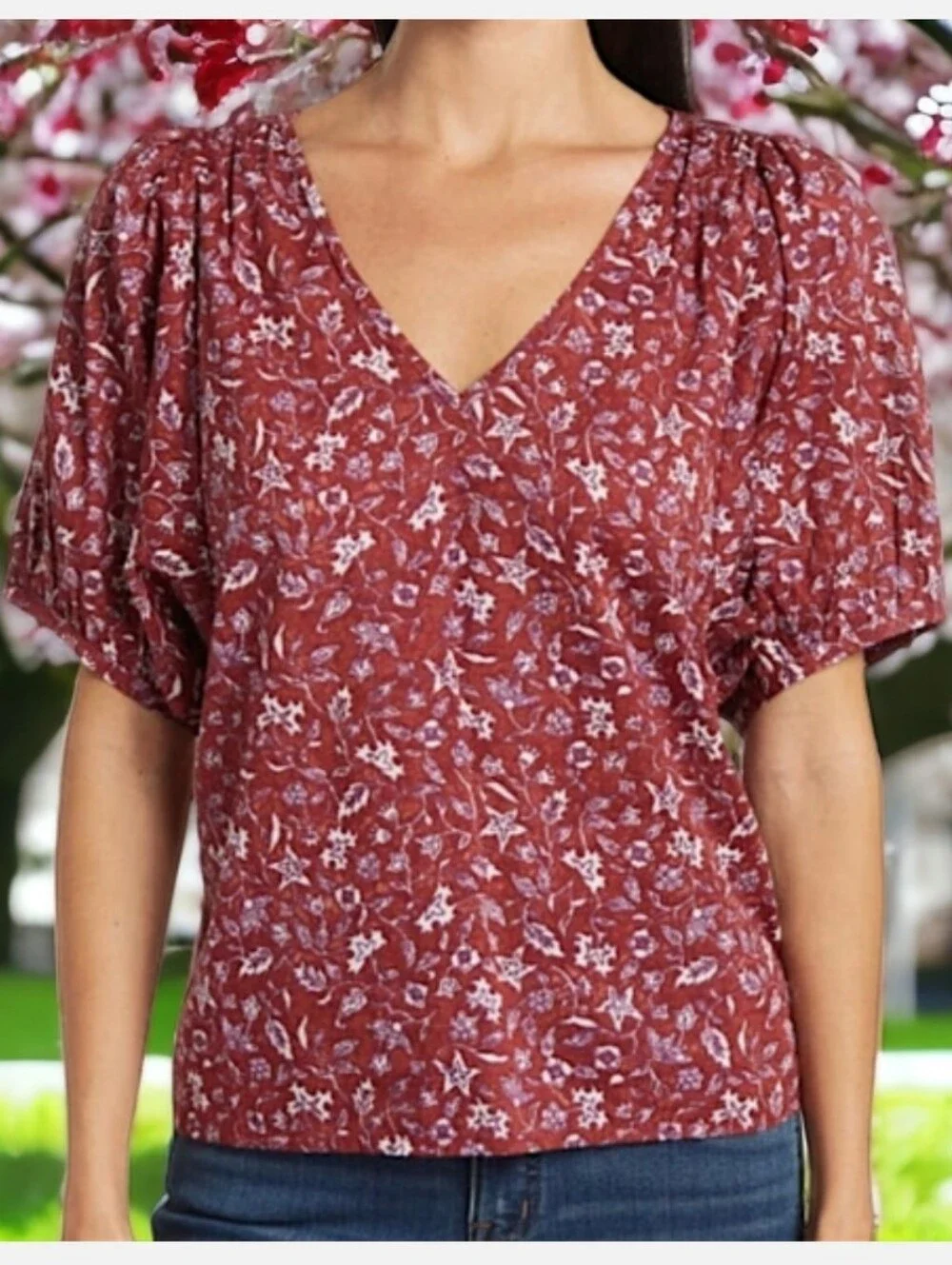 Madewell Batik Vine V-Neck Puff Sleeve Top Size S